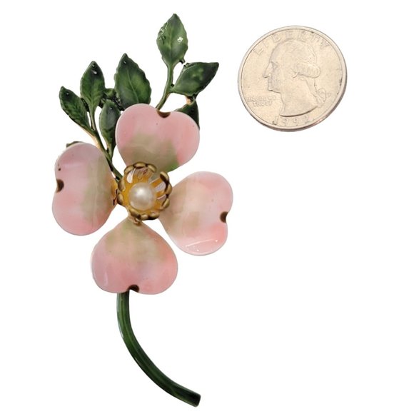 Original By Robert Pink Green Enamel Faux Pearl Dogwood Flower Stem Brooch E239 - Picture 8 of 11
